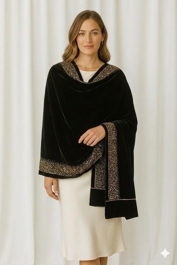Luxury Velvet Shawl with Hand-Embellished Stone Wrap