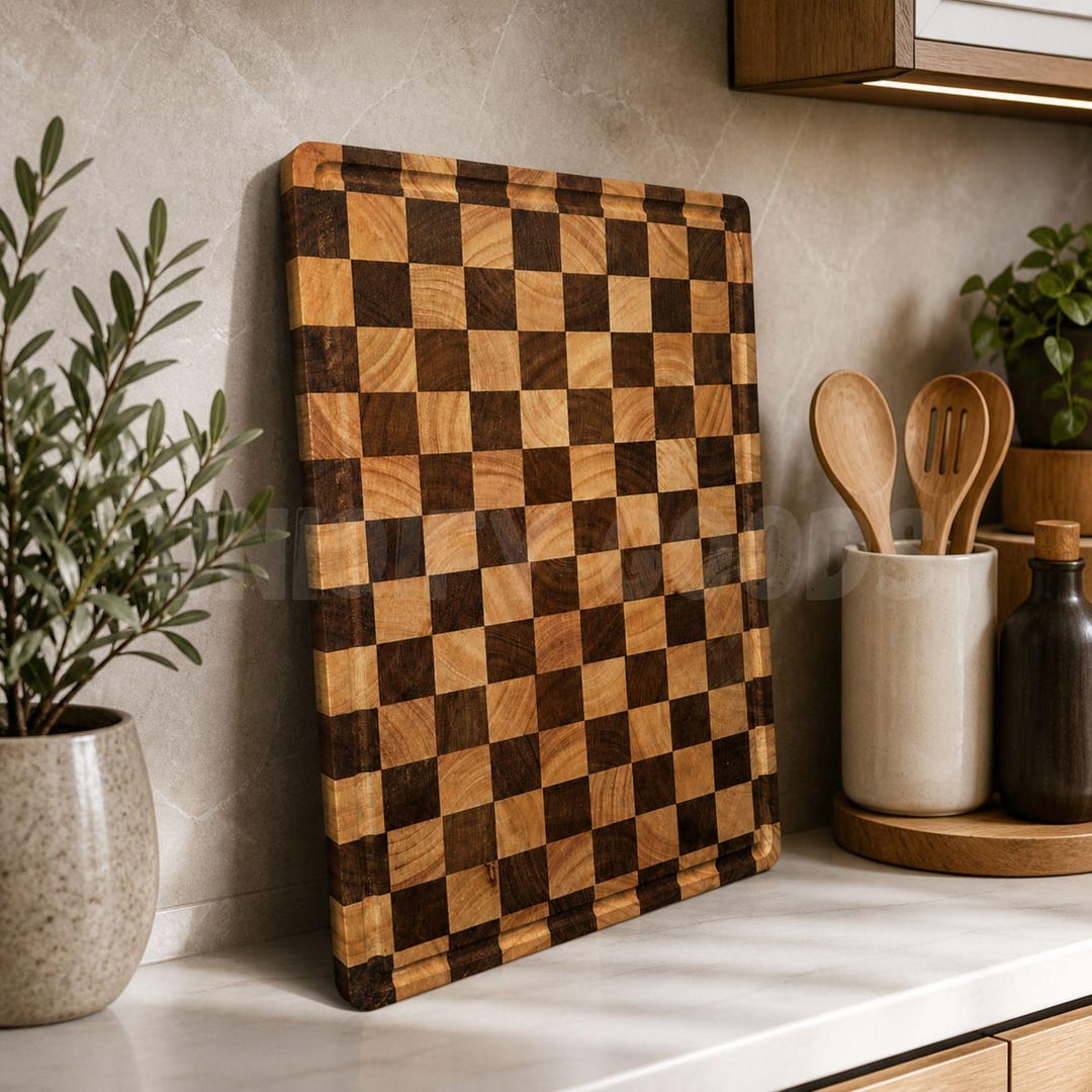 End Grain Cutting Board, Acacia Rubber Wood, Checkered BBQ Butcher Block
