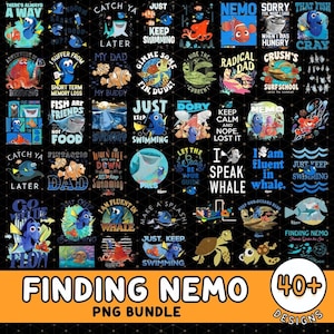Puede incluir: Un conjunto de más de 40 diseños PNG de Buscando a Nemo sobre un fondo negro. Los diseños presentan personajes y citas de la película, incluyendo a Dory, Nemo y Crush. El texto incluye "Just Keep Swimming" y "Finding Nemo".