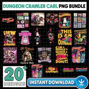 May include: A digital PNG bundle featuring 20 unique designs with a fantasy theme. The designs include illustrations of cats, dinosaurs, and text such as "Princess Donut" and "Dungeon Crawler Carl". The bundle is available for instant download.