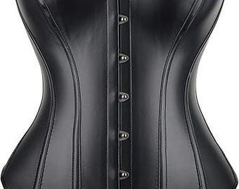 Women’s Black Faux Leather Corset Bustier Top | Gothic Steampunk Overbust Corset | Waist Trainer Burlesque Costume