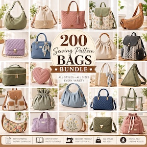 200+ Bag Sewing Pattern Bundle , Quilted Tote Zipper Pouch Crossbody Handbag, Makeup Cosmetic Wallet