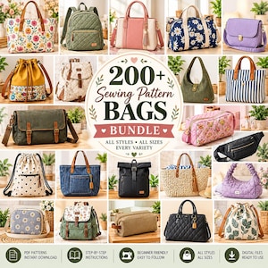 200+ Bag Sewing Pattern Bundle , Quilted Tote Zipper Pouch Crossbody Handbag, Makeup Cosmetic Wallet