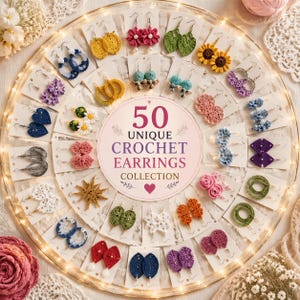 Paquete de patrones para pendientes de ganchillo, 50 PDF de joyería colgante estilo boho, pendientes micro florales y de corazón hechos a mano