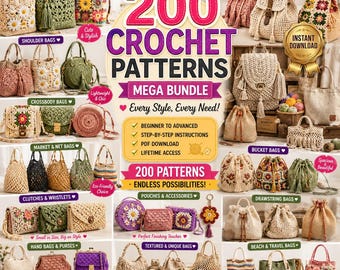 200  Crochet Bag Pattern Bundle, PDF Tote Bag Patterns, Boho Purse & Sling Bags Pouch