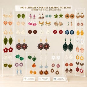 Pacchetto di 100 modelli di orecchini all'uncinetto in PDF, gioielli amigurumi in micro-uncinetto, orecchini pendenti a forma di fiore in stile boho