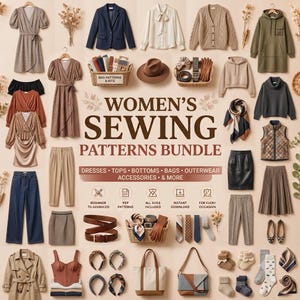 May include: A collection of sewing patterns for clothing and accessories, including dresses, tops, bottoms, outerwear, and bags. The image features various garments like blazers, sweaters, skirts, and trousers, alongside baskets containing fabric, belts, and hats.