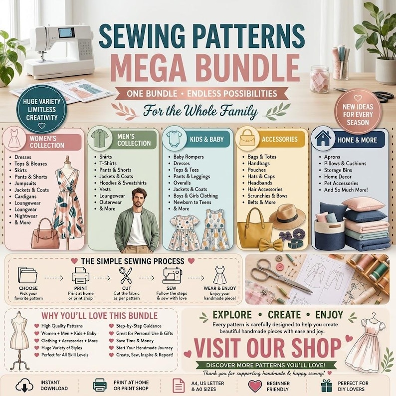 Instant Download Sewing Pattern 800+ Sewing Pattern Bundle , Easy Sewing Projects Beginners, Women Kids ...