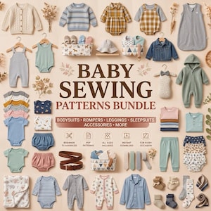 Può includere: Una collezione di abbigliamento per neonati che include body, tutine, leggings, pigiami e accessori disposti attorno al testo BABY SEWING PATTERNS BUNDLE. L'esposizione presenta vari maglioni in maglia, giacche di jeans, cappellini e calzini.
