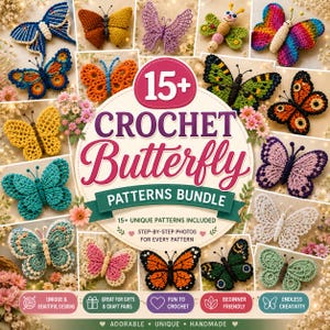 Pacchetto di modelli per farfalle all'uncinetto, oltre 15 modelli PDF per amigurumi e applicazioni, portachiavi con mini farfalla monarca