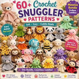 Crochet Snuggler Pattern Bundle, Amigurumi Baby Blanket Animal Lovey, Dragon Elephant Bunny Plush Toy