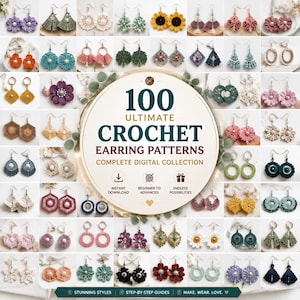Paquete de 100 patrones de pendientes de ganchillo en PDF, joyería de amigurumi de micro ganchillo, pendientes colgantes de flores estilo boho.