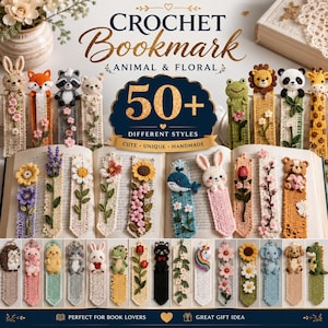 50 Häkel-Lesezeichen-Anleitungen im Set, Tier- und Blumen-Lesezeichen, verspielte Quasten-Seitenmarker, Geschenk für Lehrer