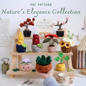 Virkade växtmönster, amigurumi-blomkruka i PDF-format, bonsaiträd och suckulent, handgjord botanisk present