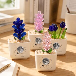 Moon & Astronaut Glass Potted Plants, Custom Text Cosmic Succulent Pot for Sci-Fi Fans, Space Theme Planter, Mini Stained Glass Planter