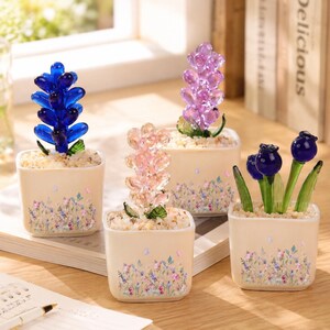 Watercolor Floral Glass Potted Plants,Tiny Flower Glass Succulents,Mini Stained Glass Garden Planter,Artificial House Plant for Plant Lovers