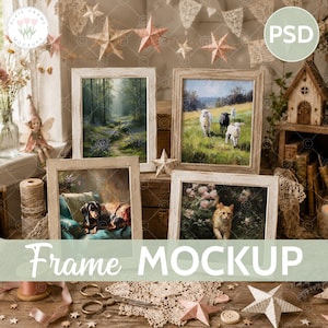 May include: A mockup featuring four framed art prints with white distressed frames. The prints depict a forest path, sheep in a field, a dog on a couch, and a cat in a garden. The words "Frame MOCKUP" are displayed at the bottom.