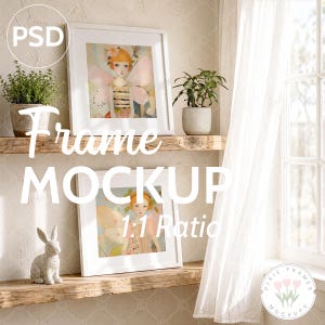 May include: White framed artwork mockup with a 1:1 ratio, featuring a whimsical illustration of a fairy. The scene includes a small potted plant, a decorative bunny, and a window with sheer curtains. The text "Frame Mockup" is displayed.