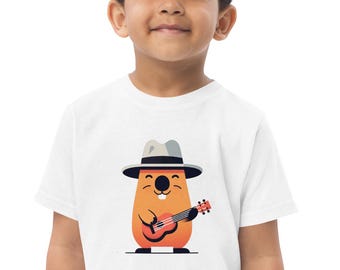 Camiseta infantil de punto con estampado de guitarrista capibara / 100 % algodón peinado hilado en anillo, costuras laterales, cuello acanalado