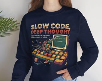 Slow Code Deep Thought Turtle Programmer Sweatshirt, Retro Computing Hoodie (Cotton-Poly Blend)