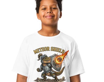 Maglietta da ragazzo T-Rex Cavaliere, maglietta con grafica Scudo Meteora, abbigliamento fantasy con dinosauri spaziali