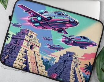 Retrofuturism Laptop Sleeve, Sci Fi Ancient Mayan Pyramids Laptop Case, Synthwave Spaceship Computer Bag, Cyberpunk Gift for Gamers