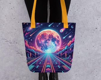 Geräumige Tragetasche: Retro Futuristischer Mondlandschaft Print, Polyester Innentasche