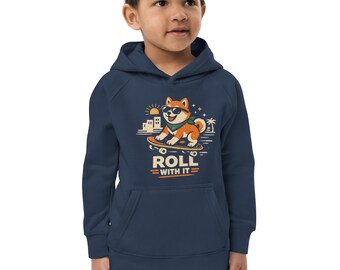 Roll With It Kids Hoodie, Skateboarding Shiba Inu, Retro Sunset Design