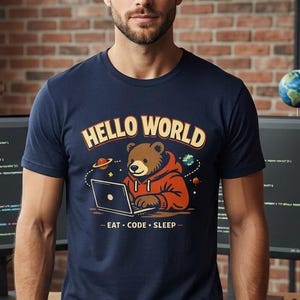 Grappig T-shirt met beer en programmeur, T-shirt met programmeursprint, "Hello World" computershirt