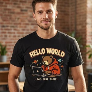 面白いクマのコーディングTシャツ、プログラマー向けグラフィックTシャツ、ハローワールドコンピューターシャツ