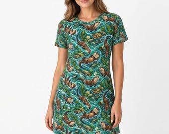 Vestido tipo camiseta con estampado de nutria juguetona / Estampado integral, diseño de naturaleza marina