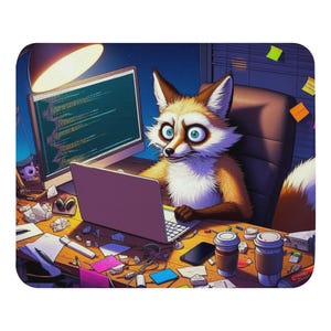May include: A cartoon illustration of a fox working on a laptop at a messy desk. The fox has wide eyes and is surrounded by a computer monitor, coffee cups, and scattered papers. The scene is lit by a desk lamp.