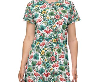 Tropical Flamingo Pattern T-Shirt Dress | All-Over Print, Hawaiian Floral
