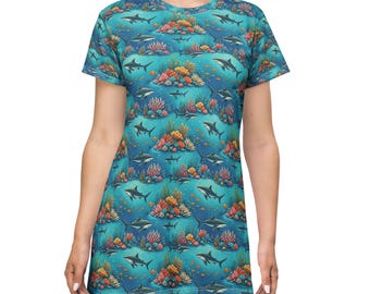 Vestido camiseta con estampado de tiburones de arrecife de coral submarino / Estampado oceánico AOP