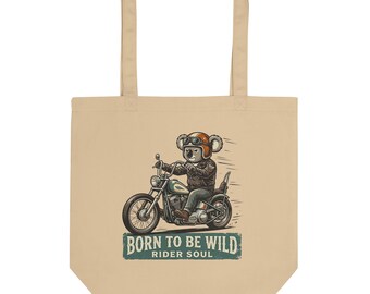 Biker Koala Tote Bag, Born To Be Wild Biker Gift, Vintage Motorcycle Canvas Bag, Cool Biker Bag, Funny Koala Lover Gift, Retro  Tote