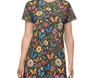 Colorful Butterfly Floral T-Shirt Dress | All-Over Print