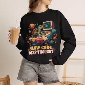 Slow Code Deep Thought turtle with vintage computer Sweatshirt | Retro Programmer