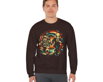 Astronaut Cat and Alien Running Sweatshirt | Space Adventure Crewneck