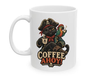 Coffee Ahoy Pirate Cat Mug | Nautical Tattoo Skull Parrot Design