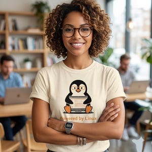 Powered by Linux T-Shirt | Tux Penguin Coding Tee (Garment-Dyed)