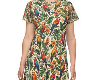 Kleid mit tropischem Ara-Print, leichtes Polyester, A-Linien-Sommeroutfit