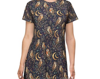 Vestido camiseta con estampado de búhos celestiales / Estampado integral de luna y estrellas
