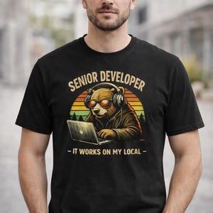 Senior Developer T-Shirt, Funny Programmer Bear, Retro Sunset Coding Gift