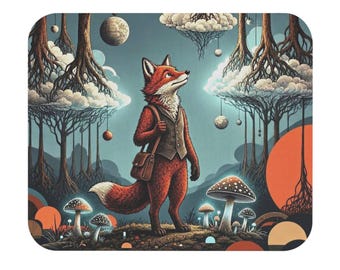 Mauspad mit Fuchs-Entdecker-Illustration | Verspielter Wald, Pilze, schwebende Bäume