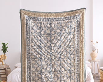 Dusty Blue Cotton Quilted Throw, Floral Reversible Tassel Throw Quilt, Soft Lightweight Sofa Couch Blanket, Summer Quilt Throw Bedspread