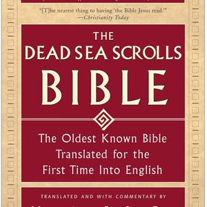 May include: A book cover for "The Dead Sea Scrolls Bible" in cream and burgundy. The title is in large, bold, cream-colored letters. The cover includes text about the book's content and the translators.