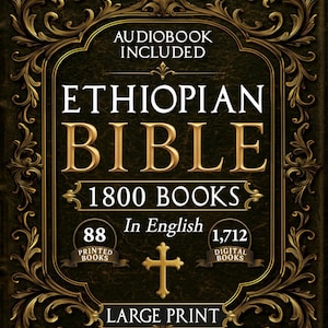 Könnte beinhalten: Ein dunkelgrüner Buchumschlag mit goldenen, verzierten Filigranarbeiten und den Worten "Ethiopian Bible" in großen goldenen Buchstaben. Der Umschlag enthält auch den Text "Audiobook Included", "1800 Books", "In English", "Large Print".