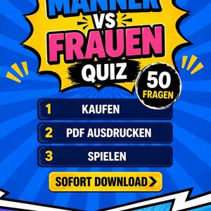 Könnte beinhalten: Blaues Grafikdesign mit dem Text "MÄNNER VS FRAUEN QUIZ" in Gelb und Pink. Das Bild bietet Optionen zum Kaufen, PDF-Drucken und Spielen des Quiz, mit einer Schaltfläche für den sofortigen Download. Das Quiz hat 50 Fragen.