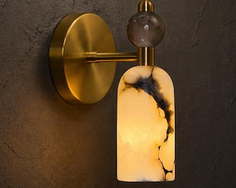 Modern Alabaster Wall Sconce Brass Luxury Bedside Light Fixture