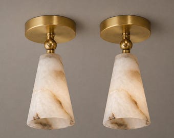 Alabaster Glass Ceiling Light Brass Mid Century Modern Flush Mount Fixture